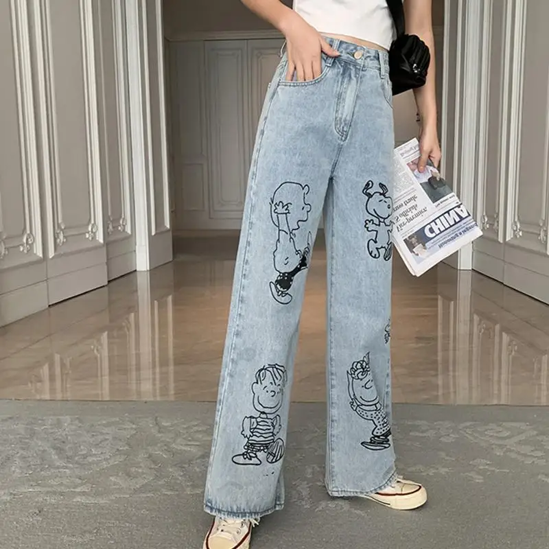 

Свободные прямые джинсы, женские утягивающие широкие брюки с высокой талией, весна-осень, новые брюки-колокольчик длиной до пола с принтом