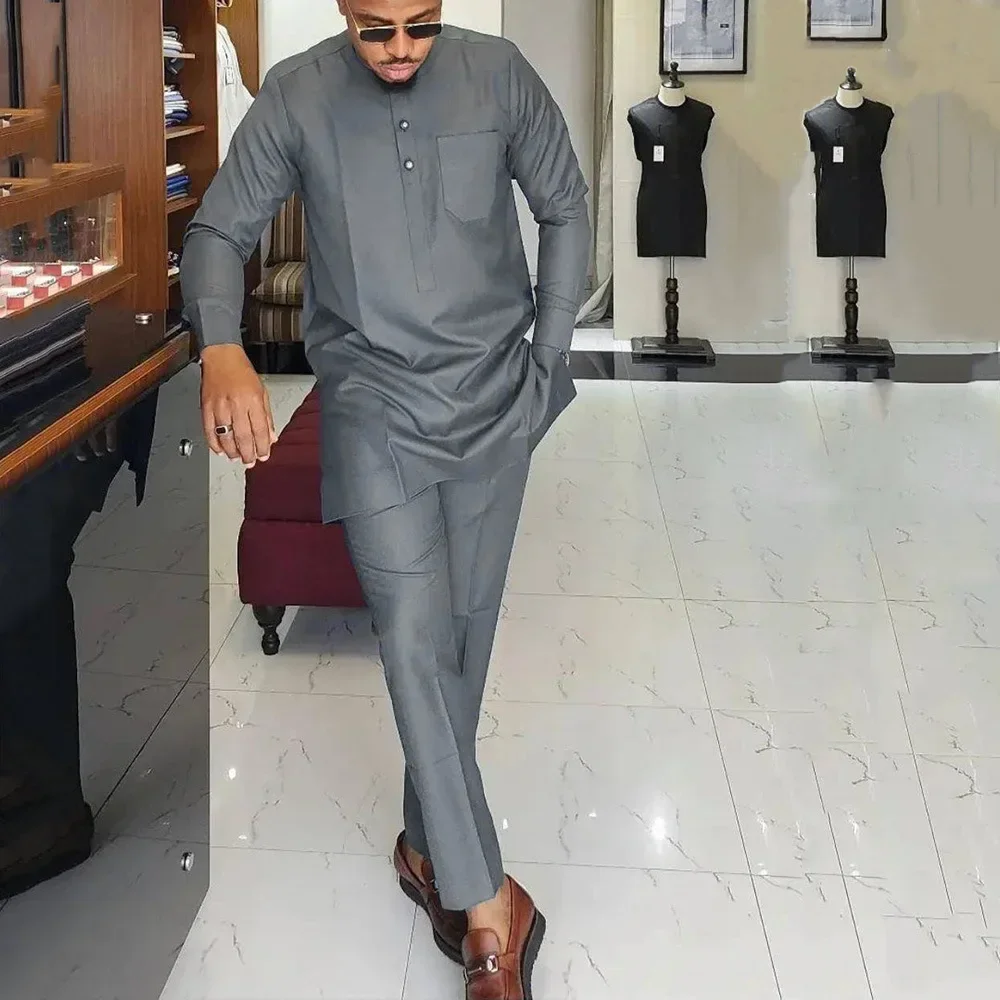 In 2026, the new autumn and winter selling solid color simple African folk style men's casual suit 2-piece set.