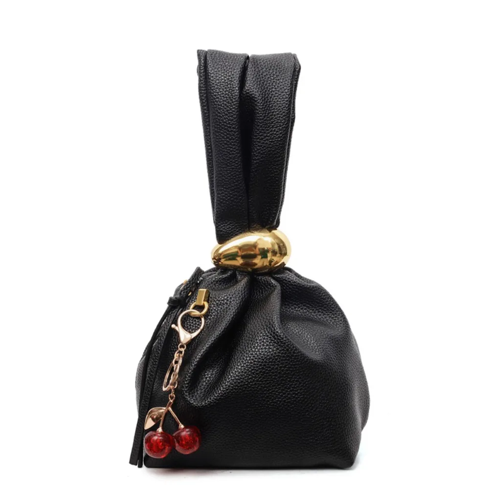 

Solid color Lichee Pattern PU Clutch Bag Cherry Pendant Large Capacity Party Evening Bag Side Zipper Coin Pouch