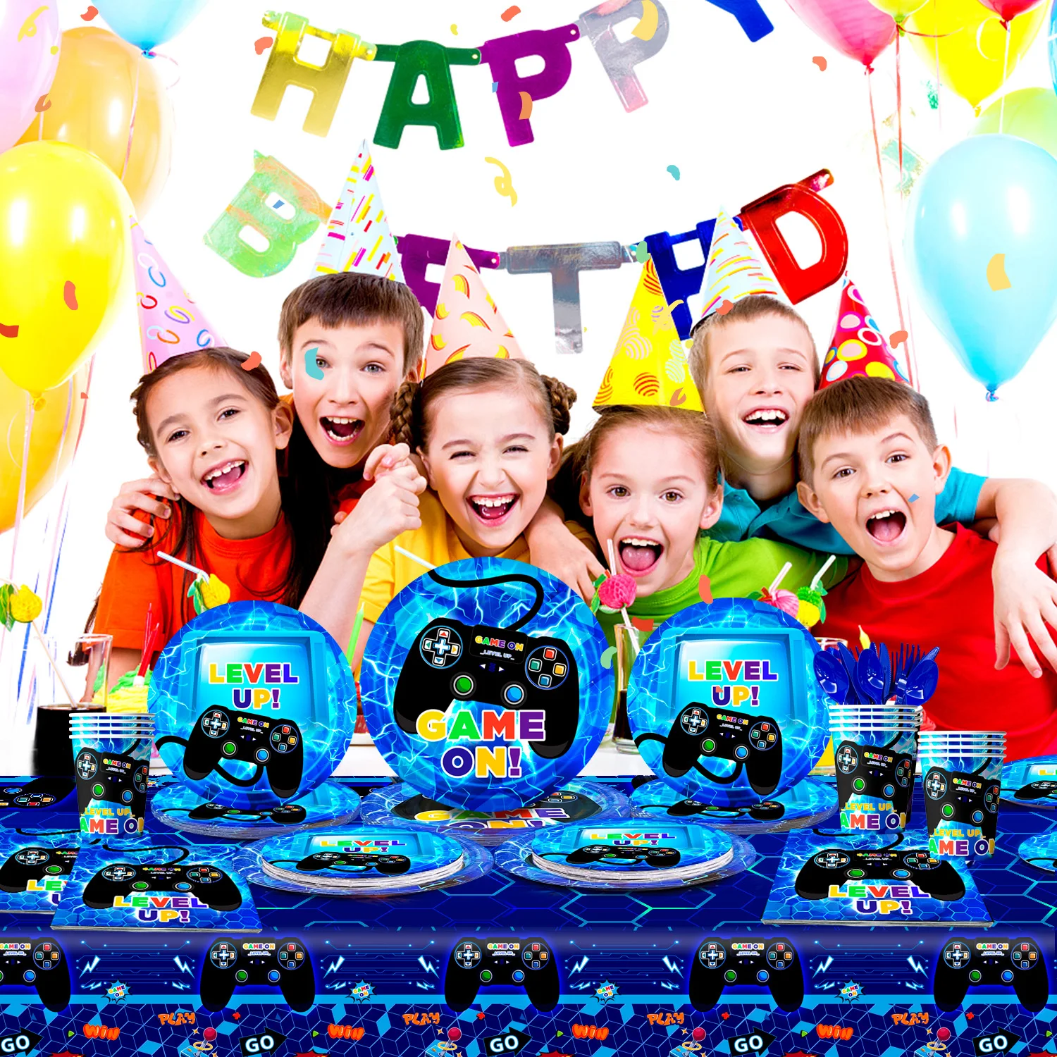 Gamer Birthday Decorations Blue, 113pcs Gaming Party Tableware Set - Game Themed Party Plate Cups Napkins Tablecloth etc