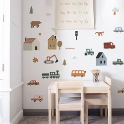 Nordic Cute Cars Animal Truck Wall Stickers Kids Room Cars Elements Baby Teen Room Wall Decals Playroom Kindergarten Nursery