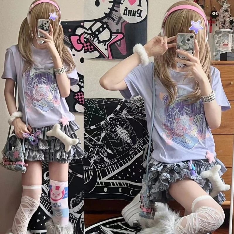 

New Fashion Summer Popular Students All Match T Shirts Kawaii Harajuku Print High Street Commuter Clothes Y2k Grunge Women Tops