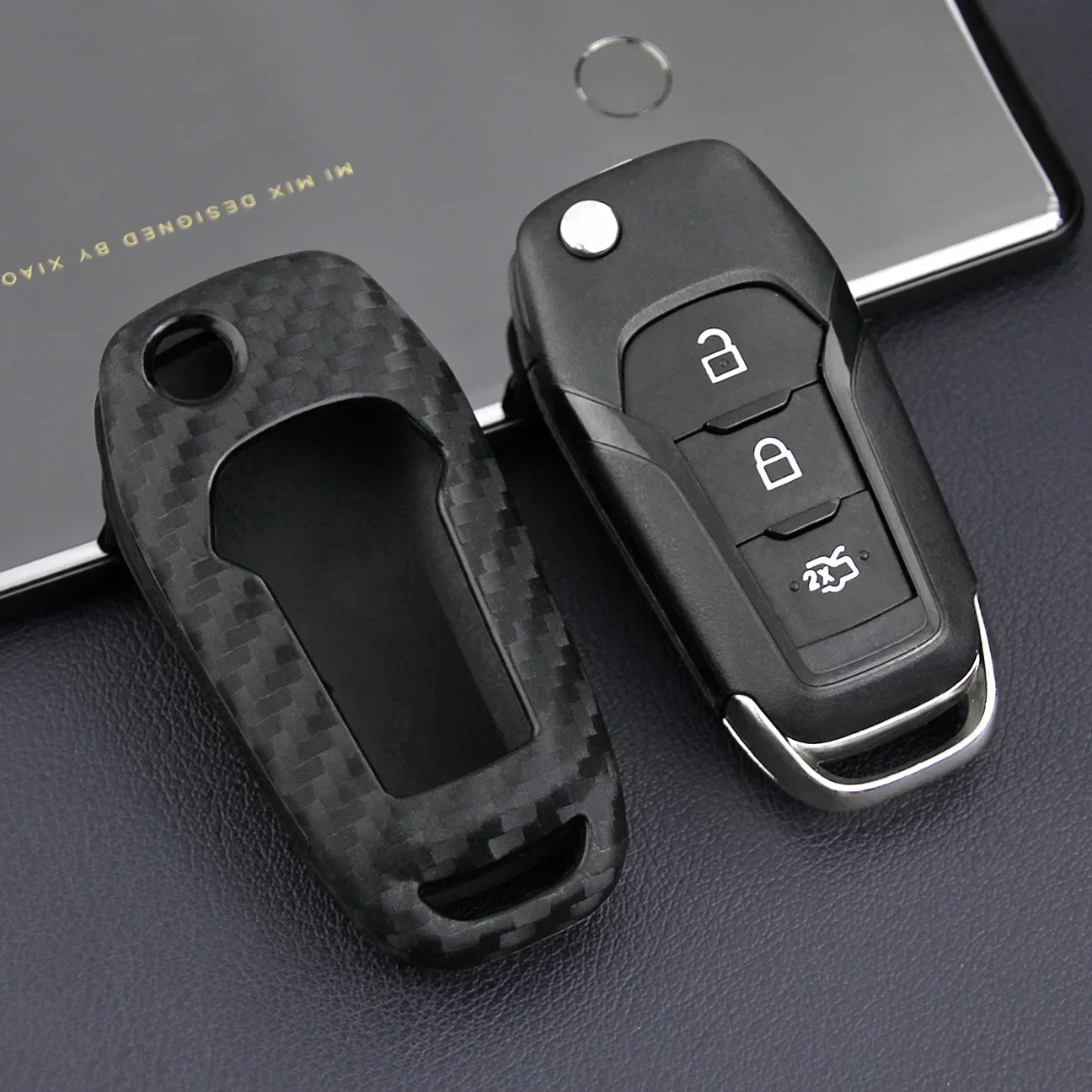 Flip Car Key Fob Cover Case Chain For Ford Ecosport F150 F250 F350 F450 XLT Ranger XL Maverick Everest Carbon Fiber Look view 3