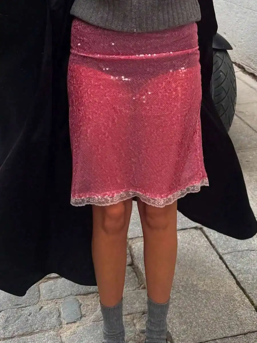 

Women's Pink Sequin Mini Skirt with Lace Trim Elastic Waist