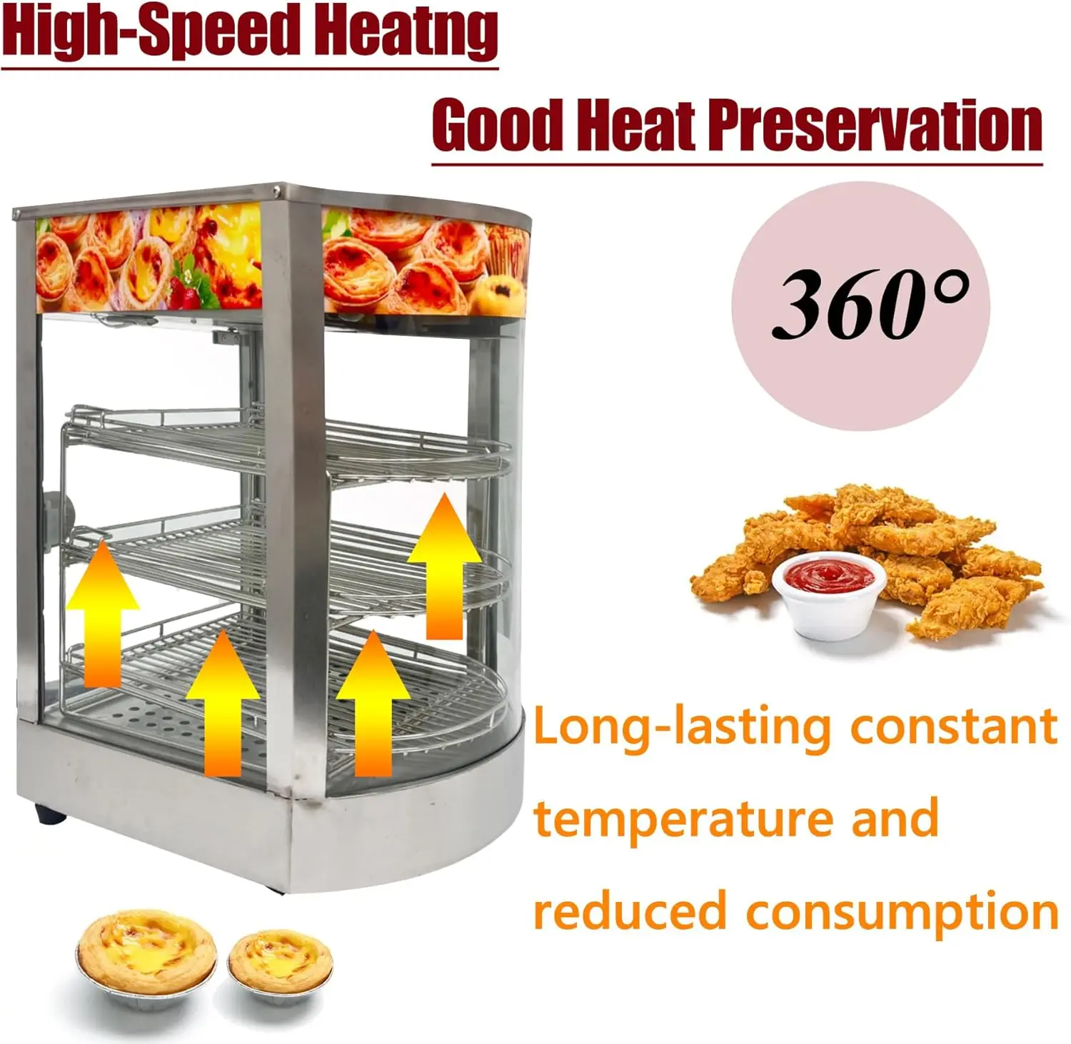 Commercial Food Warmer 3 Tier Countertop Food Display Case, 110V 850W Stainless Steel Pizza Warmer with Temperature Display