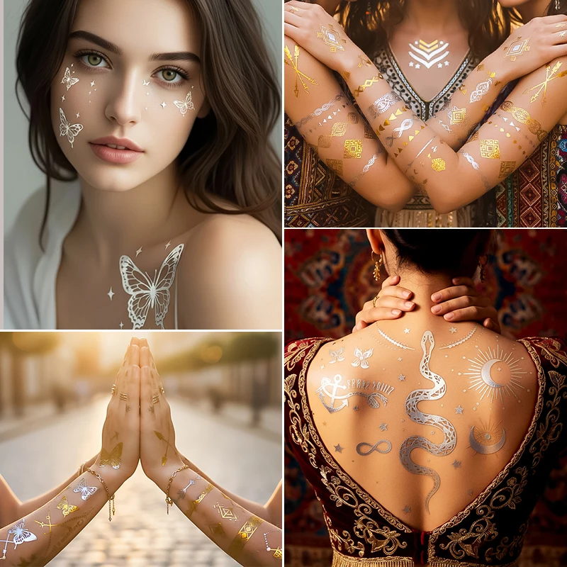 Glitter Bohemian Temporary Tattoo Sticker Golden Silvery Henna Waterproof Tattoo Sticker For Women Body Art Fake Tattoo
