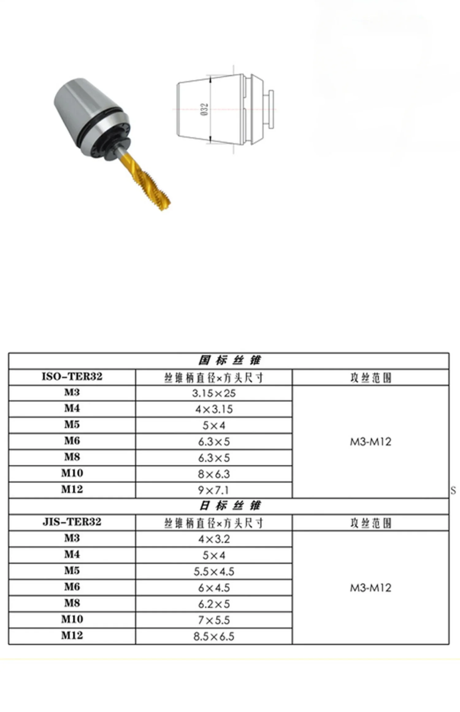 Mandrino autofilettante ER32 con protezione da sovraccarico mandrino dinamometrico TER32 M3 M4 M5 M5 M6 M8 M10 M12 ER32 rubinetto JIS ISO