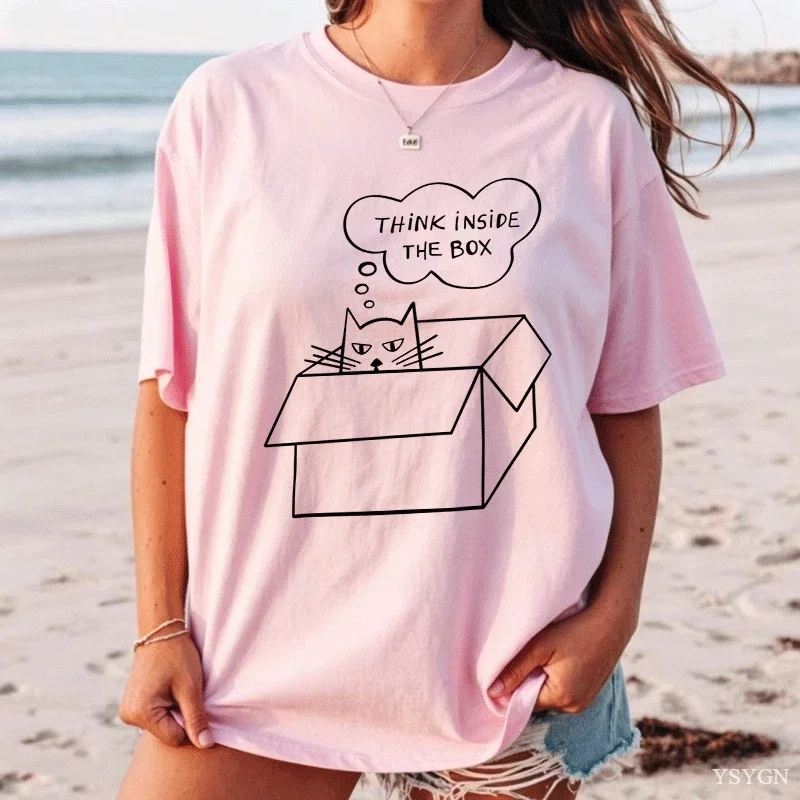 Think Inside The Box Line Art T-shirt Funny Cat Printed Tshirt Cotton Short Sleeve Round Neck T Shirt High Quality Women Clothes