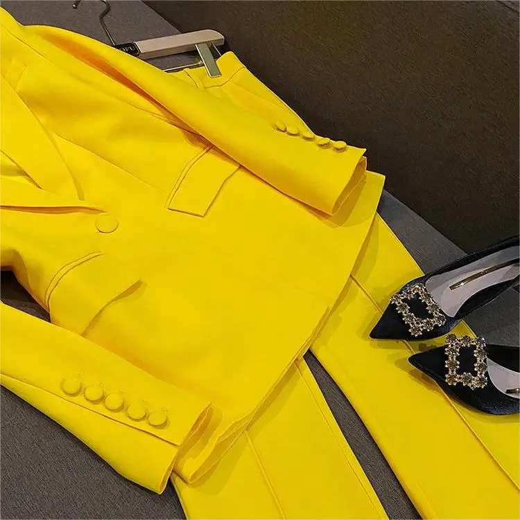 All Season Lemon Yellow Office Lady Suit Double-breasted Long Sleeve Blazer Flared Pants Women Solid Two piece set 2024