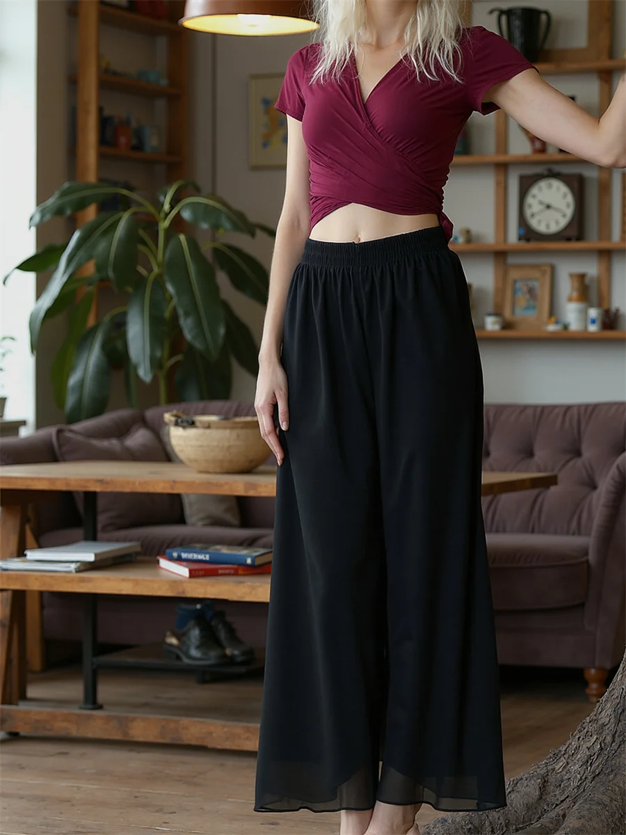 Calças de Chiffon de Perna Larga com Cintura Elástica para Mulheres, Verão, Estilo Clássico Casual com Padrão Jovem