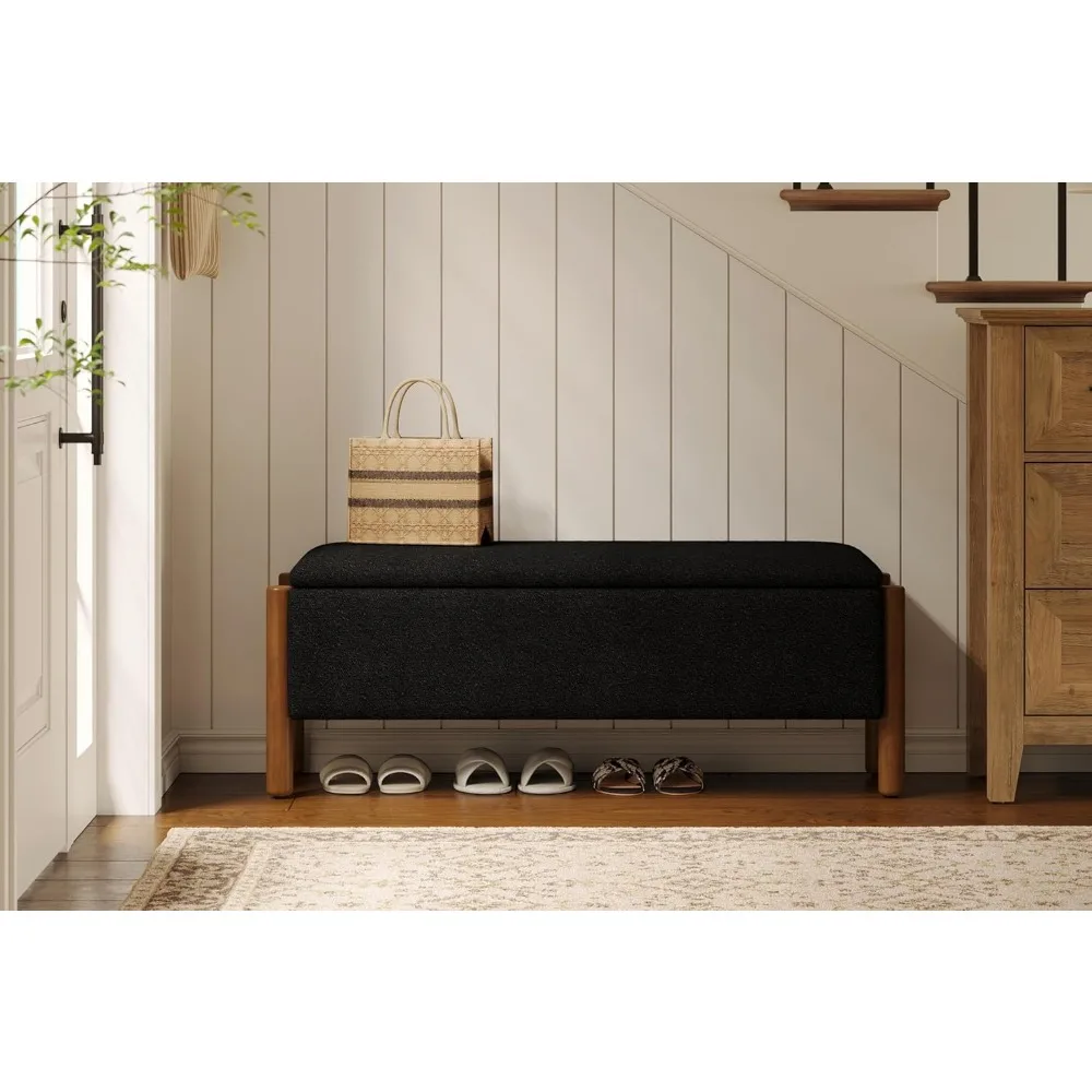 مقعد عثماني لتخزين أرجل الجوز 47 بوصة، سعة 20 جالون لغرفة النوم، سطح من القماش المنجد، نهاية أثاث السرير #4