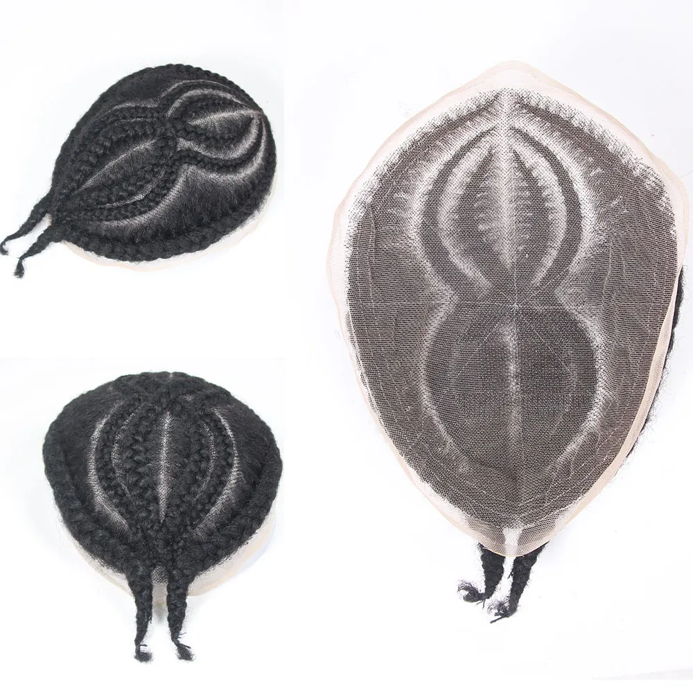Full Lace Hair System Afro Cornrow Box Braided Men's Toupee Hairpieces Black Human Hair Wigs Replacement Systems Hair Patch