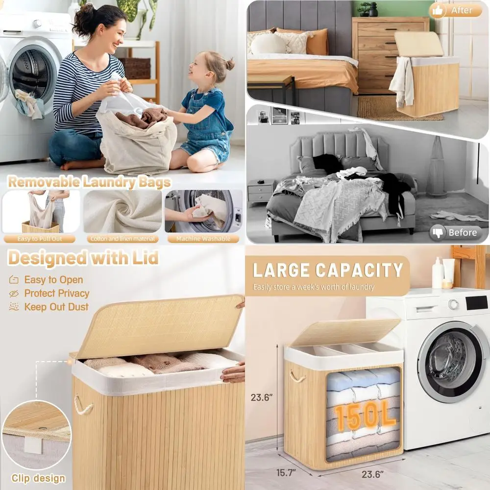 

Большая трехсекционная бамбуковая корзина для белья с крышкой и ручками, идеально подходит для спальни, ванной комнаты, общежития, натуральный бежевый