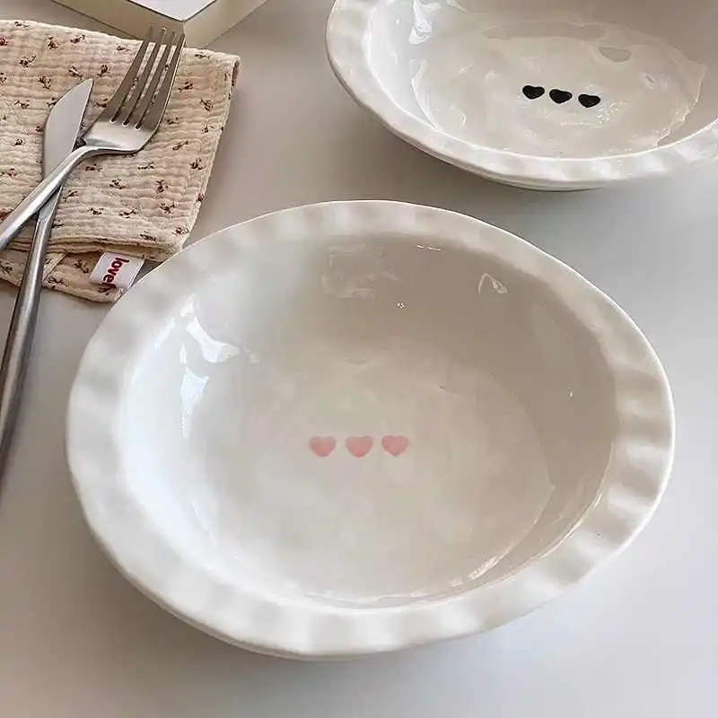 ハートプリントのセラミック食器,麦わら帽子プレート,不規則な釉薬,スープトレイ,家庭用デザート,深いペストリー皿