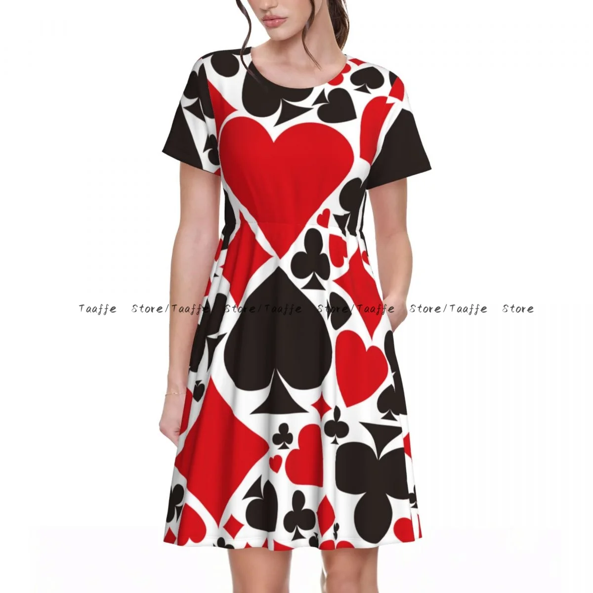 

Summer Women's Short Sleeve Waist Dress Women Poker Pattern With Card Suits Round Neck Casual Dress
