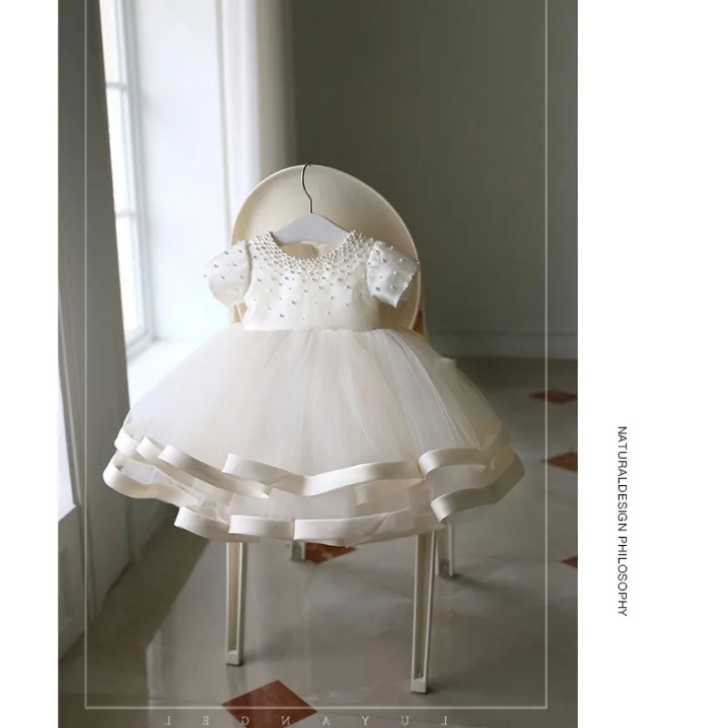 Newborn Baby Girls Gown for Baptism Christening 1st Birthday Infant Dresses Beaded Tulle Party Prom Toddler Girl Party Dresses