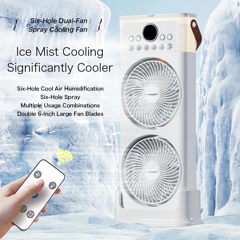 Dual Head Fan Six Hole Spray Cooling Fan 360° Rotatable Blades Desktop or Hanging USB Rechargeable Fan with Remote Control