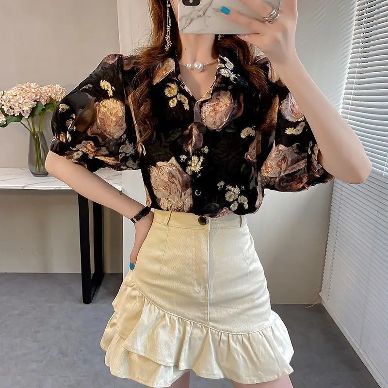 Women\'s 2024 Summer New Korean Commute Printed Short Sleeved Chiffon Blouses Fashion Casual Lapel Loose Single-breasted Shirts