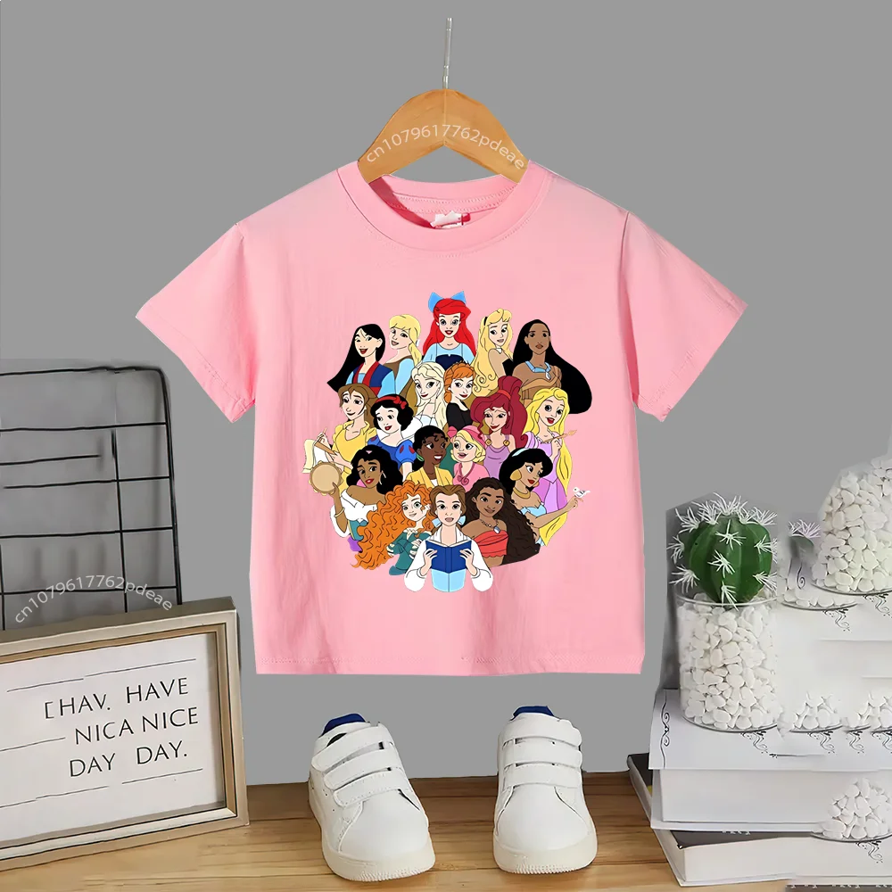 Disney Teen 100% Cotton T-shirt Kids Barbie Princess Graphic Casual and Comfortable crewneck T-shirt Boys Girls Short sleeve Top