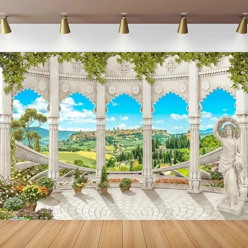 Fantasy Palace Garden Balcony Photography Backdrop For Romantic Castle Terrace Scenery Stone Arch Columns Leaves Vine Background