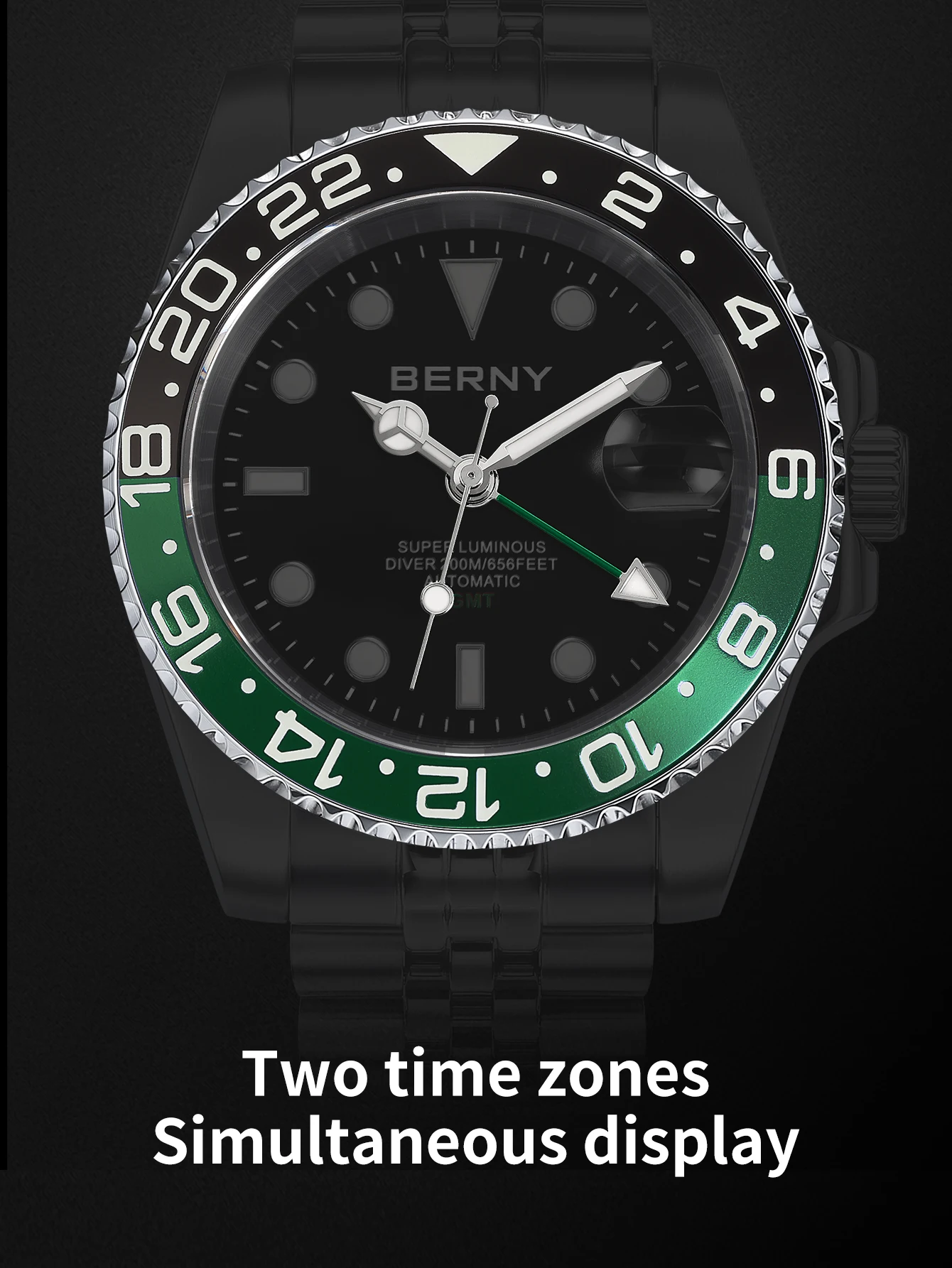 BERNY 200 Meters Men Automatic Diving Watch GMT NH34 Best Super Luminous AR Sapphire Sport Wristwatch Mechanical Watch for Men