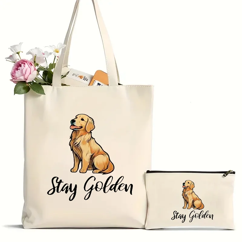 2Pcs Golden Retriever Canvas Tote Bag, Mules, Dog Crocodile Graphic Canvas Shoulder Bag For Travel Daily Commuting, Women\'s S