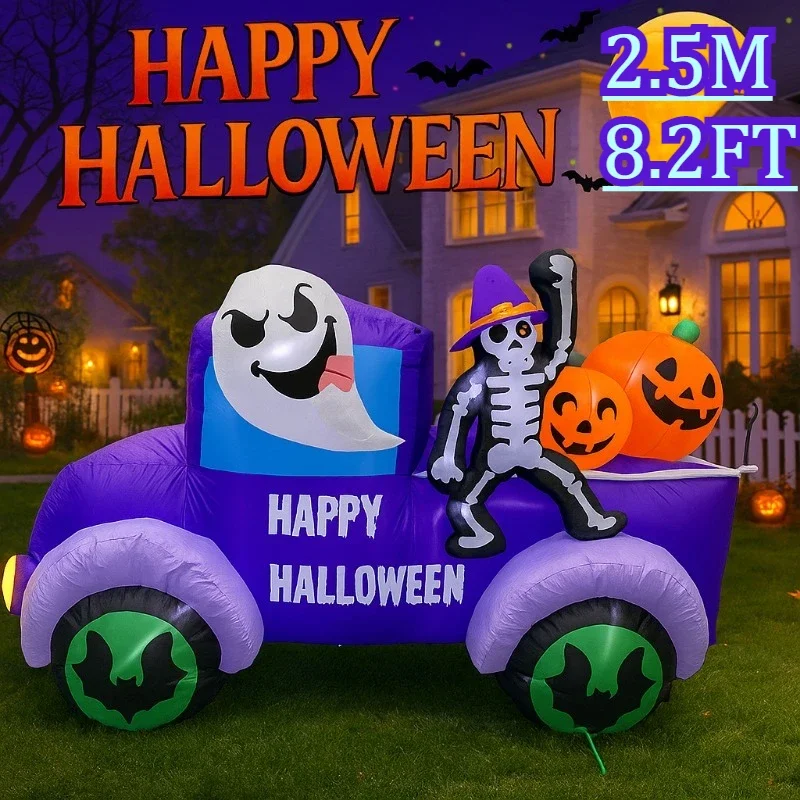 8ft brinquedos infláveis halloween decorações ao ar livre fantasma condução caminhão carro esqueleto abóbora leds embutidos para quintal decoração brilhante