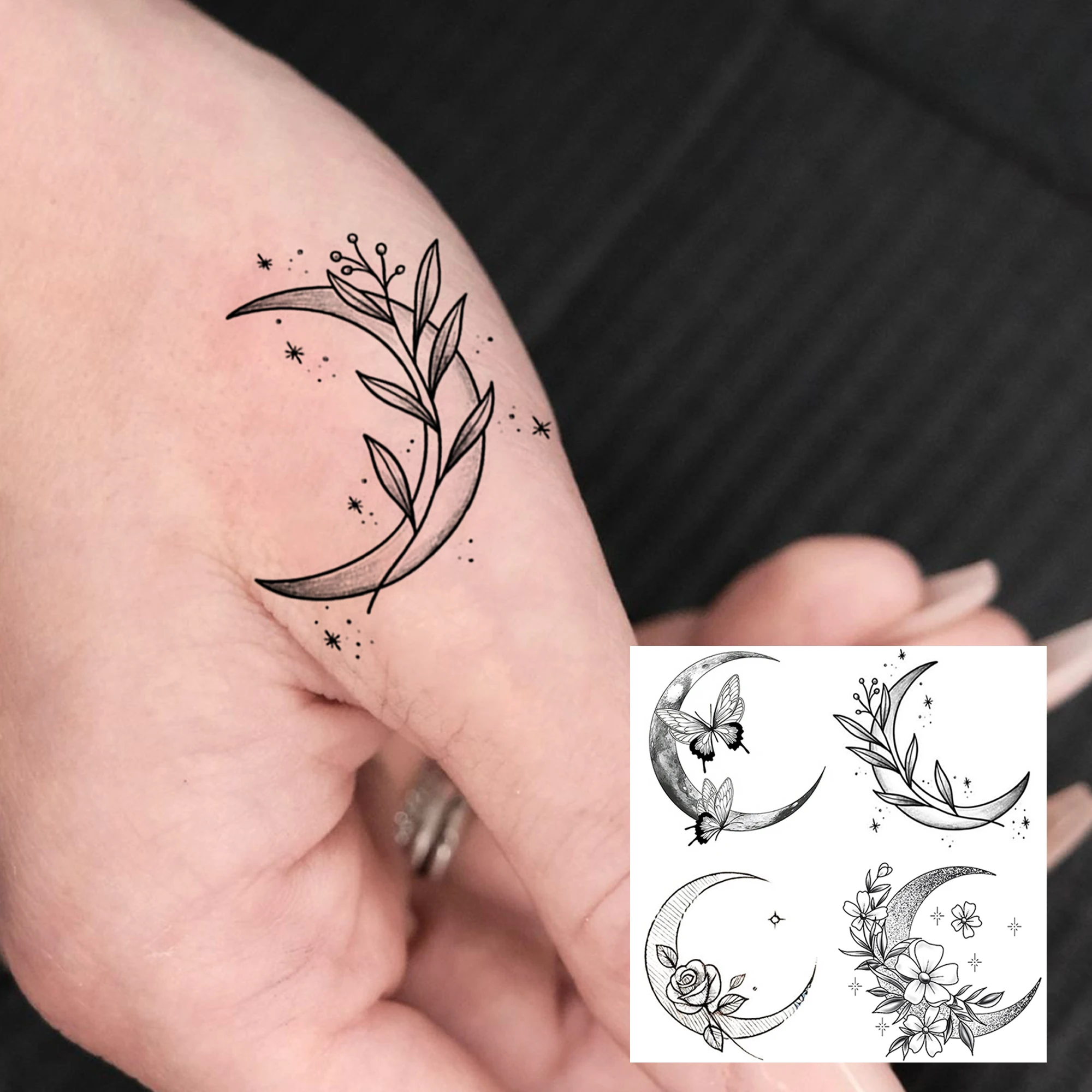 1 Sheet Sun Flower Crescent Temporary Tattoos For Adult Hand Arm Neck, Fake Tattoo Sticker Long Lasting Realistic Tatoo Body Art