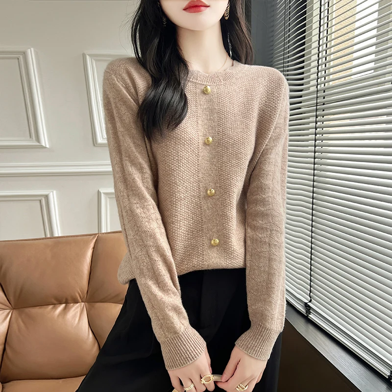 Sweater kasmir wol Merino wanita, atasan baju rajut bawah hangat kerah O musim gugur/musim dingin 100%