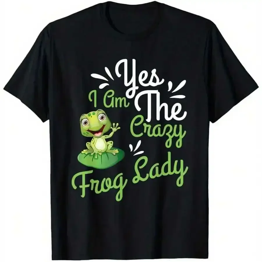Men's 'Yes, I'm A Crazy Frog Lady' Graphic T-Shirt - Soft, Vintage Style, Short Sleeves, Black With Green Frog Design, Casual An