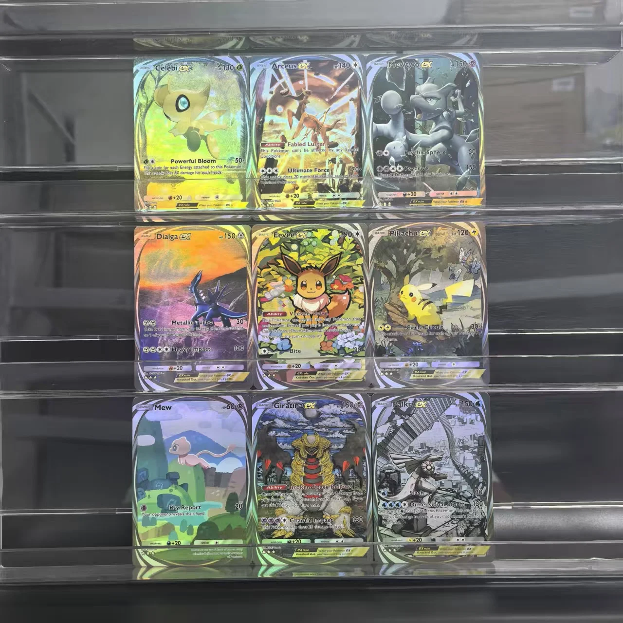 Tarjetas de colección de Pokémon, 9 Uds., bolsillo Eevee Arceus Mewtwo Pikachu Palkia Mew Dialga Celebi EX, juego clásico de cartas de Anime, juguetes de regalo