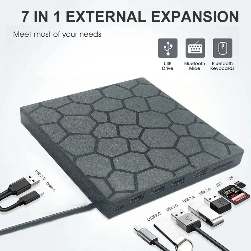 Drive DVD Eksternal 7 In 1 dengan USB3.0 & Tipe C DVD Burner Perekam Drive Disk Optik Pemutar CD/DVD Penulis CD untuk Desktop Laptop