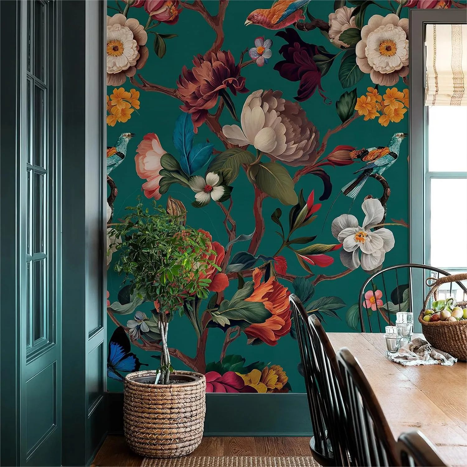 

Floral Peel and Stick Wallpaper Removable Mural for Bedroom Living Room Home Art Decor Blue 59x98 Inches