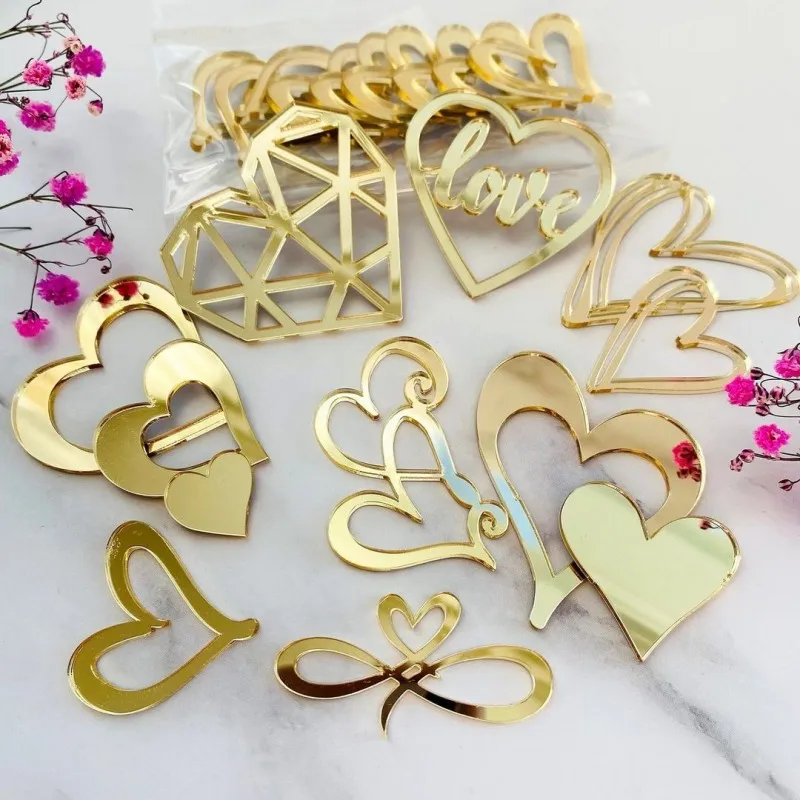 Golden Heart Acrylic Cake Topper Valentine's Day Cupcake Decorations Anniversary Wedding Party Cake Toppers