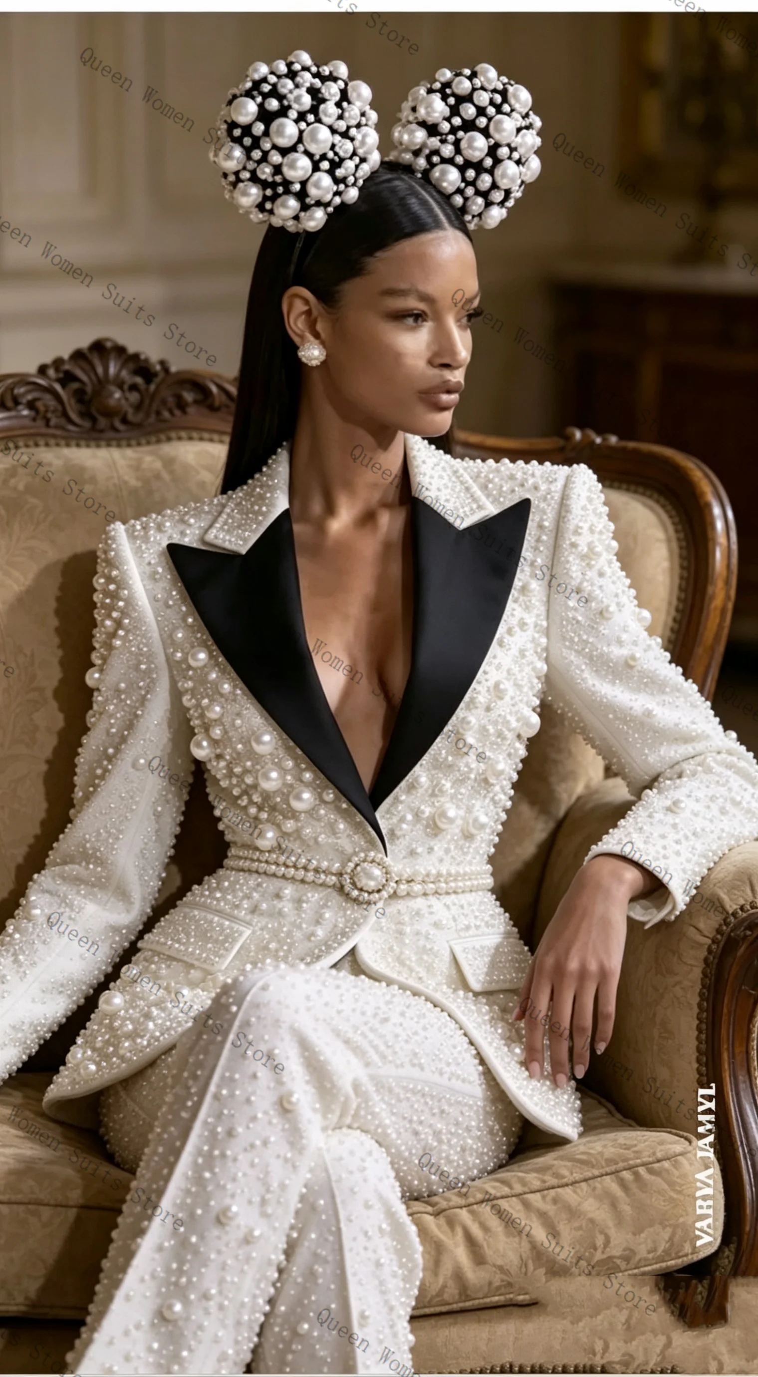 

Pearls Luxury Women Suit Set 2 Pcs Blazer+Pants Belted Formal Office Lady Jacket Wedding Coat Customized(NO Back Pearls)