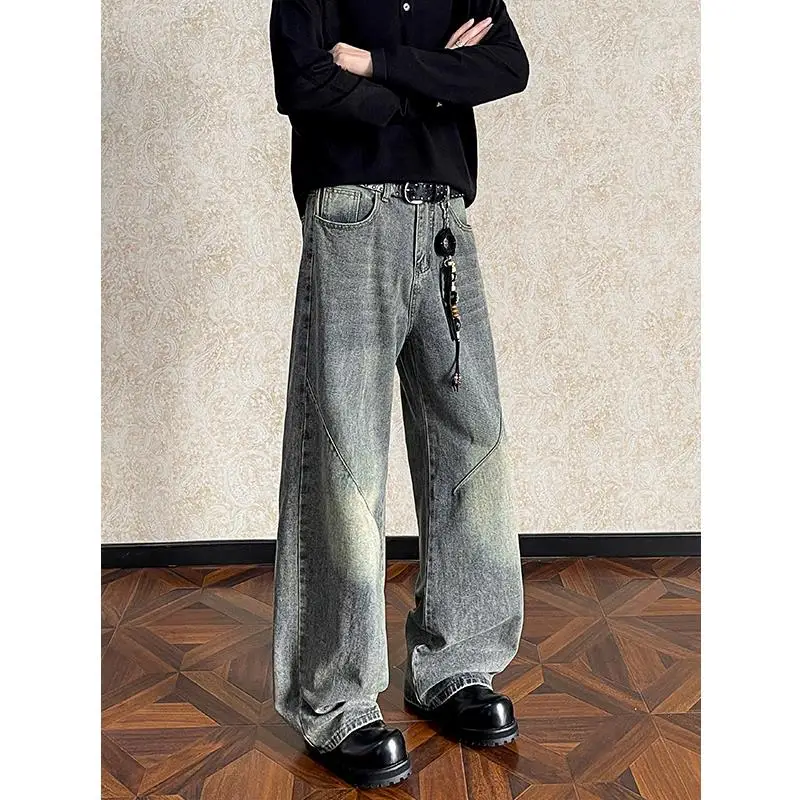 Джинсы с прямыми штанинами, мужские ностальгические джинсовые брюки в стиле ретро, мешковатые новые длинные джинсы, персонализированные брюки с заплатками, джинсы с перетаскиванием