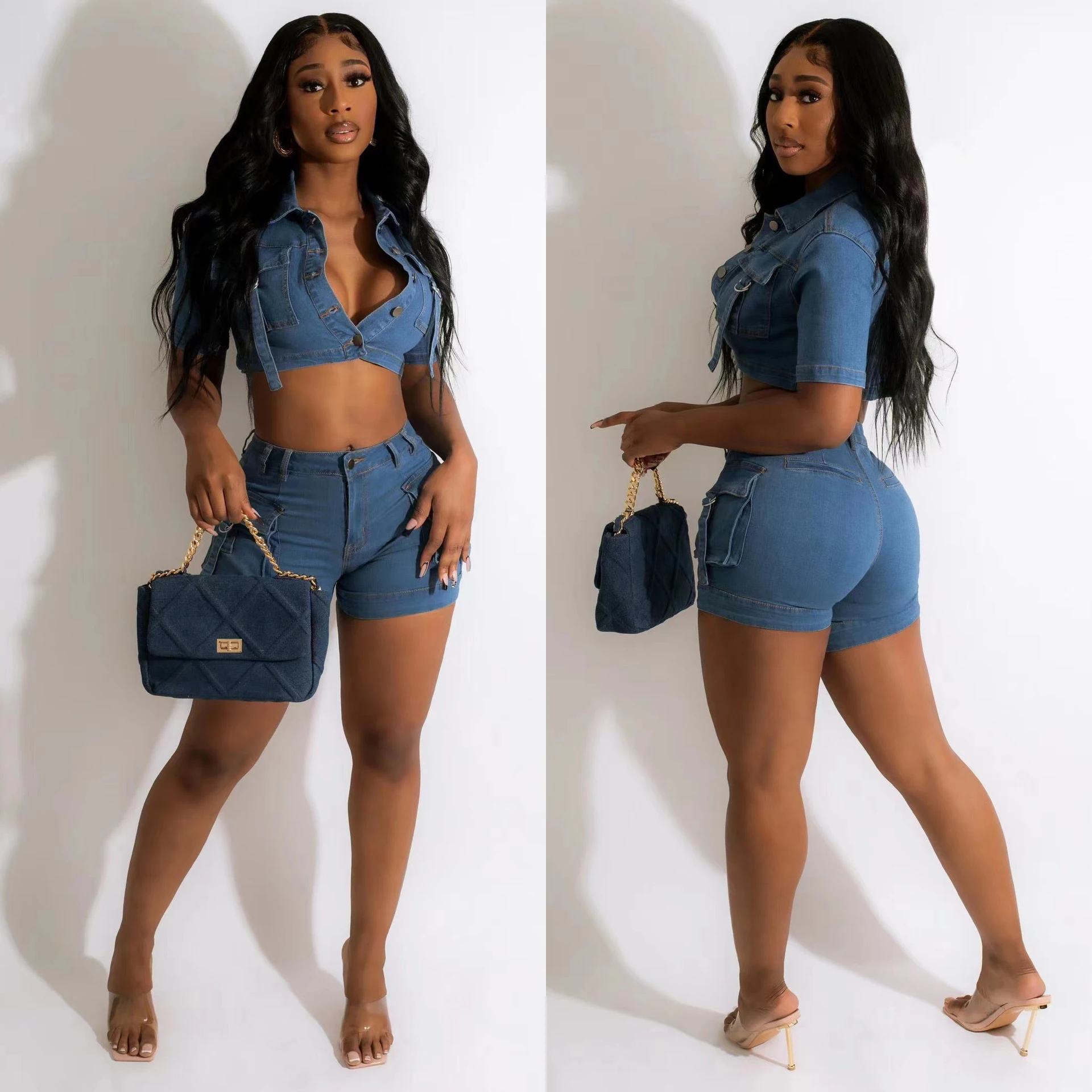 

Women Denim 2 Piece Matching Jean Set Outfits 2023 Summer Clothes Y2K Biker Shorts Suits Sets Cropped Tops Joggers Tracksuit