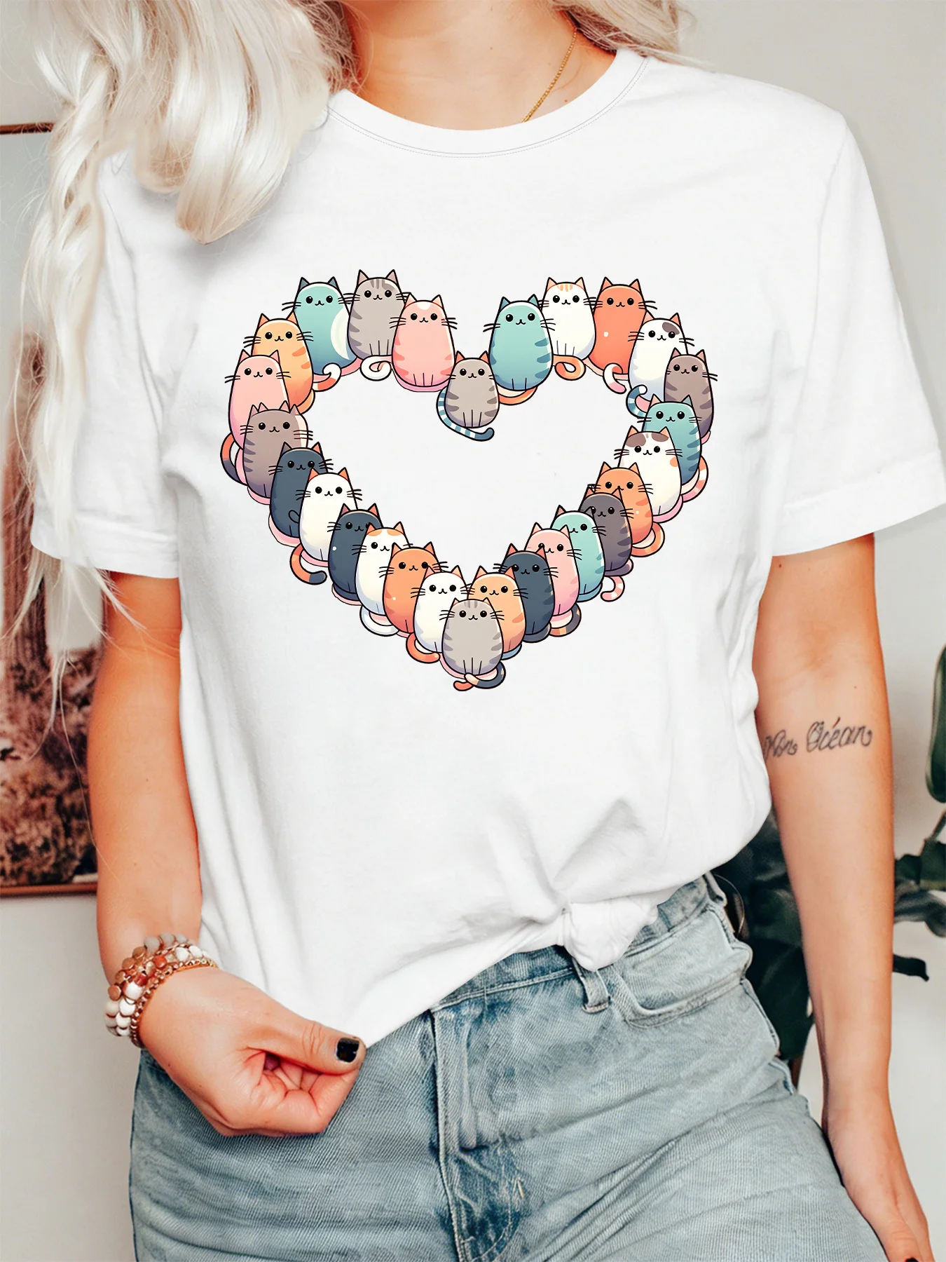 Heart Shaped Cats Womens T Shirt Colorful Kitten Group Lovely Pet Cartoon Graphic Tee Short Sleeve Casual Daily Ladies Tops