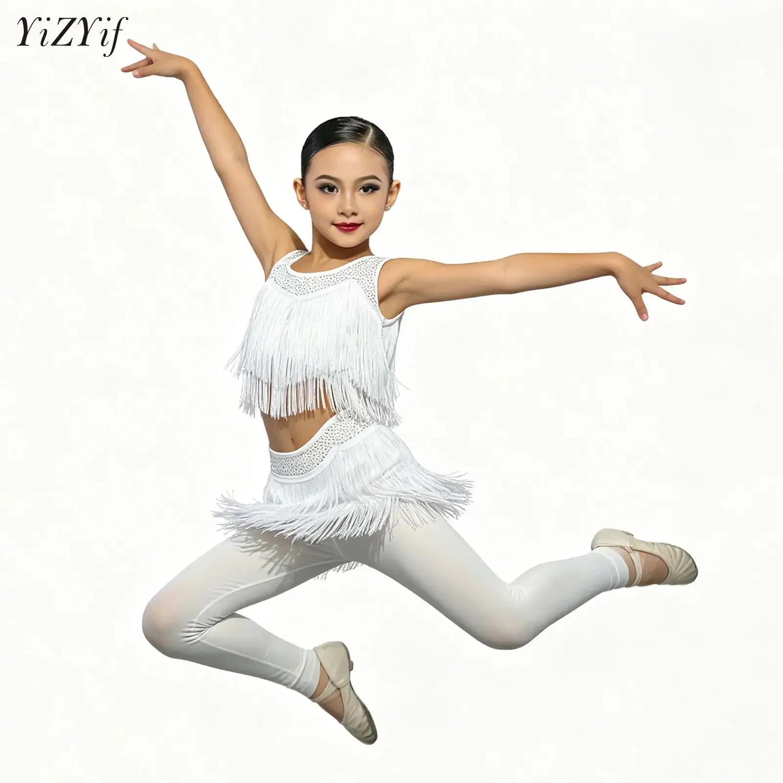 

Kids Girls Tassels Latin Rumba Cha-Cha Performance Competition Dance Costume Glittery Rhinestone Ballet Overlay Dress Clothes