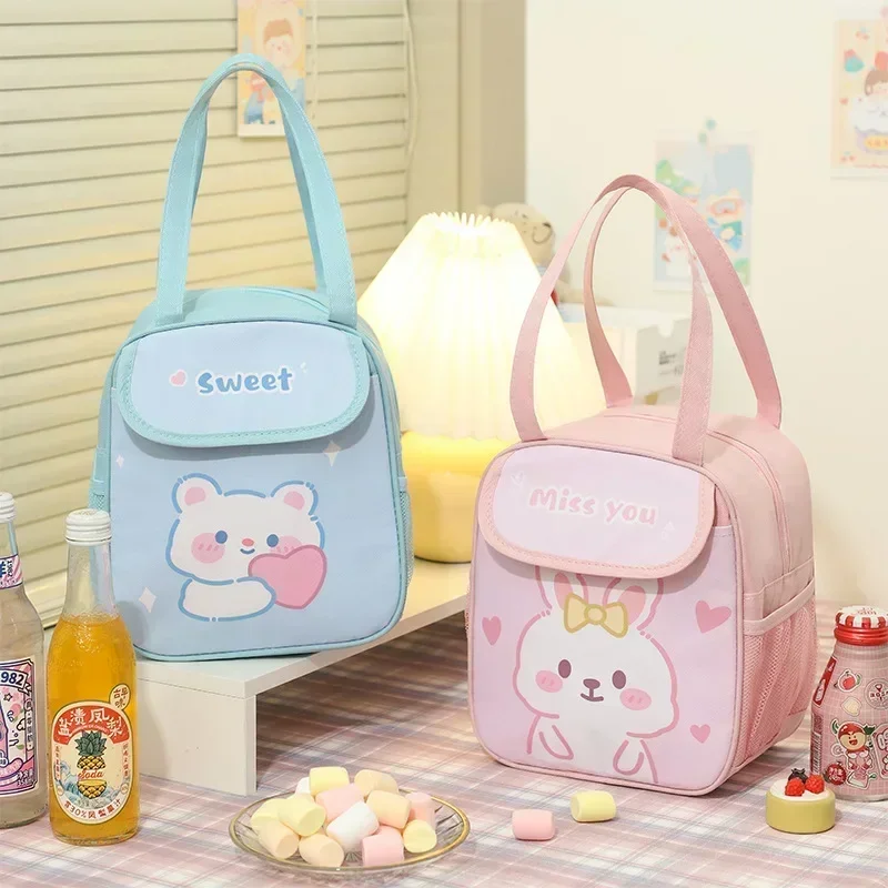 Boîte à lunch portable mignonne pour enfants, sac isotherme thermique lapin rose, poudres à bento, récipient Kawaii, sac de rangement des aliments pour l'école