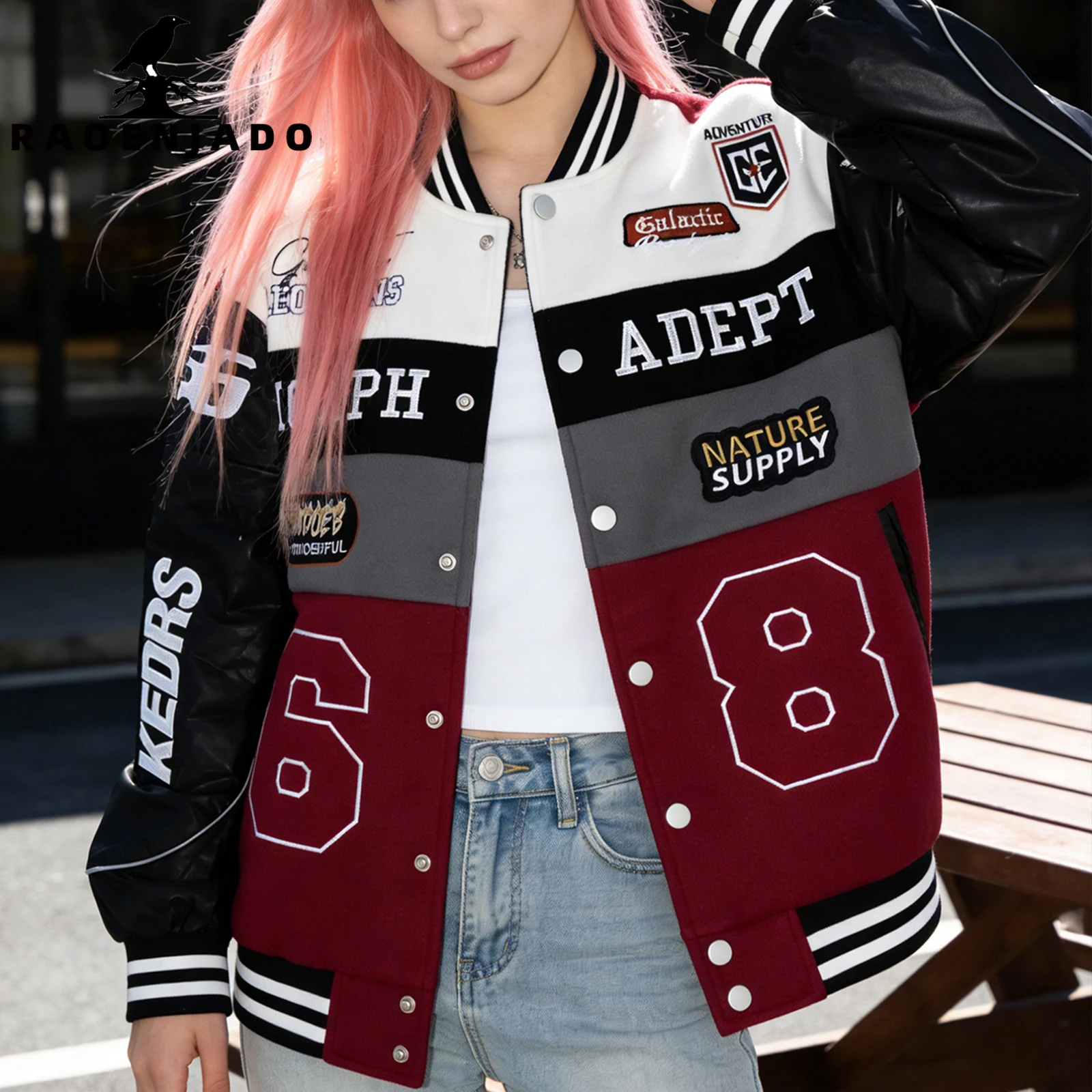 Women's Racing Vintage Varsity Jacket Casual Letterman Bomber Coat Baseball Loose Streetwear Outerwear with Faux Leather Sleeves