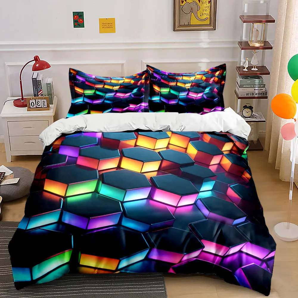 Colorful glowing hexagonal patterns Duvet Cover Set with 3D Printing Design Soft Polyester Bedding Set All-Season Comfort