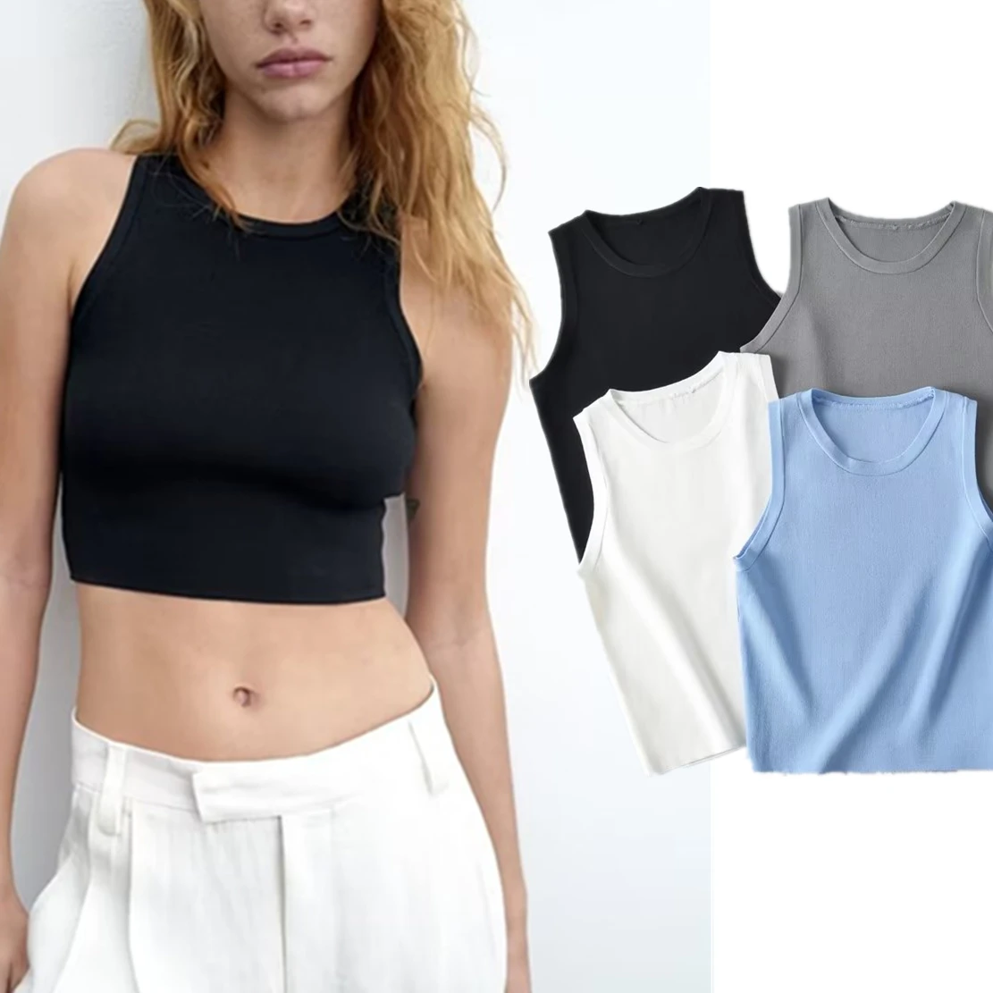 

Maxdutti Tshirts Women Fashion High Street Sexy Tank Tops Multicolor Knitted High Waist Crop Summer