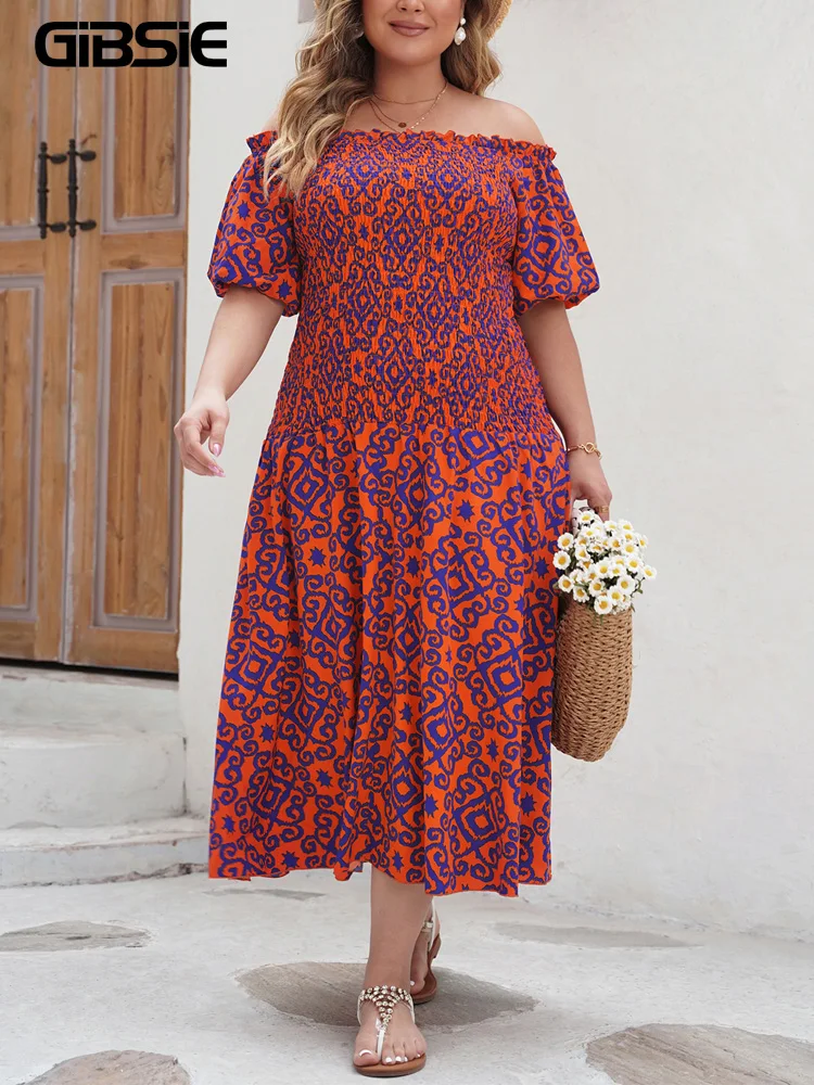 GIBSIE-Robe longue d'été à manches bouffantes pour femmes, grande taille, imprimé Boho, décontractée, plage, ligne A, 2024