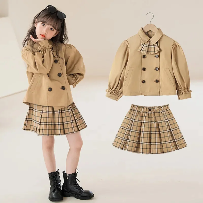 

Новинка Весна 2023, детский корейский студенческий комплект одежды из 3 предметов, Женское пальто в стиле преппи + плиссированная юбка, Модный женский костюм