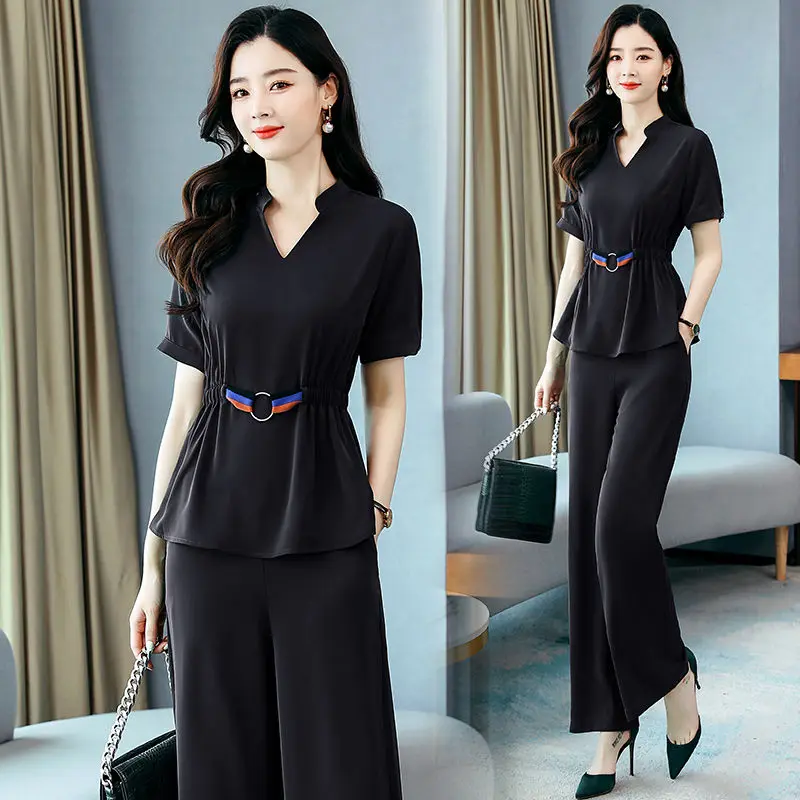 2022 New Spring and Summer Women\'s Suit Korean Fashion Casual Temperament Short Sleeve Wide Leg Pants Two-piece Set