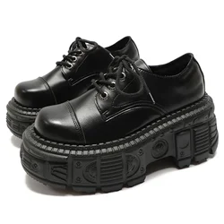 Lace-up Muffin Leather Shoes For Women Solid Color Black Thick Bottom Round Toe Female Shoes Sewing Leisure Outdoor Ladies Shoes