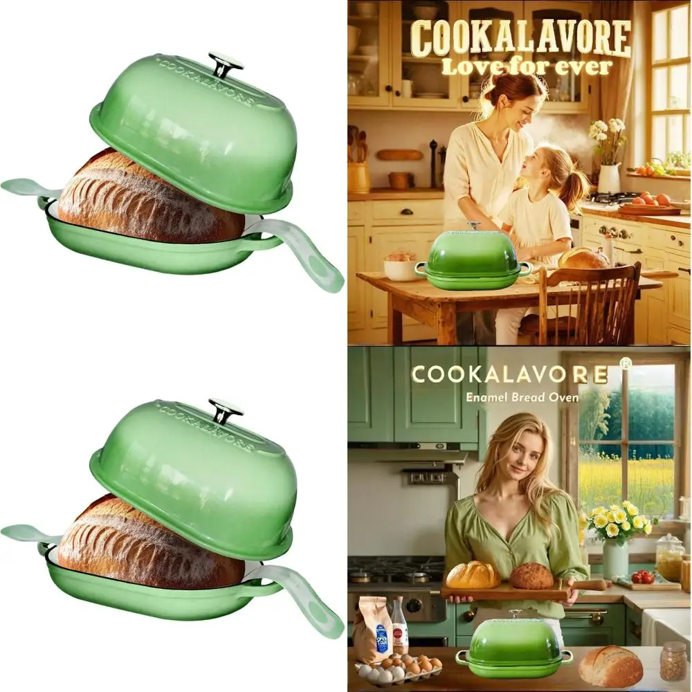

Enameled 6-Quart Cast Iron Bread Pan with Lid, Perfect for Homemade Loaves, 14.5 Dutch Oven, Silicone Mat & Recipe Included, Gre