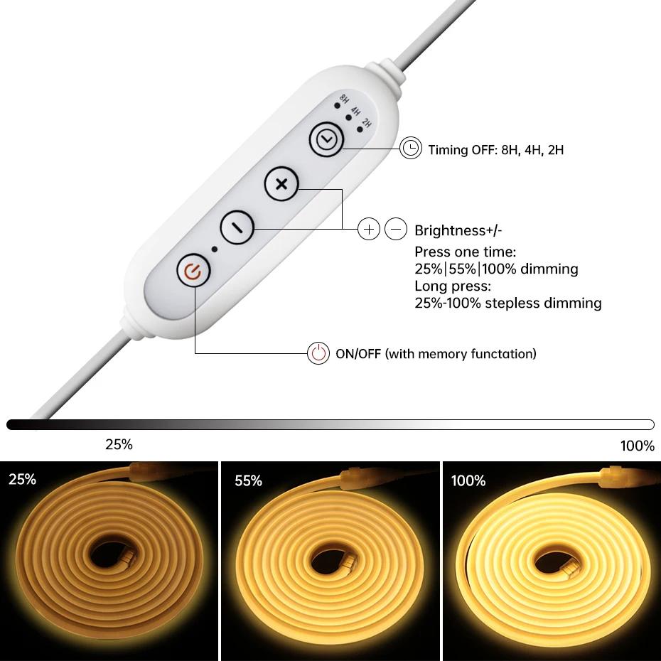 220V Flexible Tape 288LEDs/m COB LED Strip Light with Timing Dimming Switch Led Neon Lights Ribbon Waterproof Outdoor Lighting