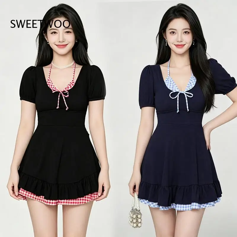 Women One Piece Swim Dress Short Sleeve Square Neck Bow Decor Ruffle Hem Conservative Skirt Style Bathing Suit